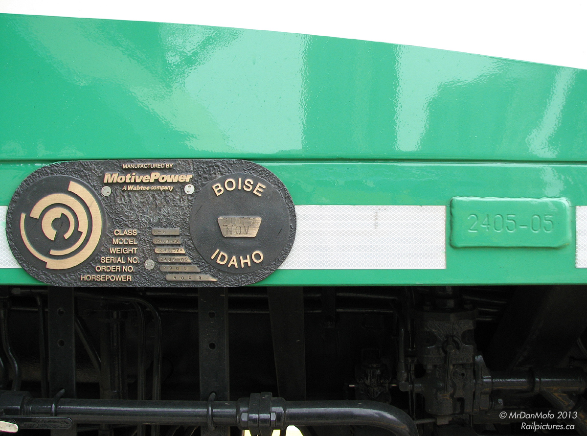 A locomotive's identity isn't just the unit number - that can change multiple times over a unit's life as it changes ownership. Rather, it's the serial number of the frame (or "frame number") that railroads and roster keepers use to identify lineages of locomotives throughout their lives. GO 604's identity is rather clear, with it stamped right on the official Motive Power Industries builders plate as well as welded to the frame on its own piece of stamped steel: serial/frame number 2405-05 (for 5th unit of the batch of 27 ordered), model MP40PH-3C, built November 2007 at Boise, Idaho.