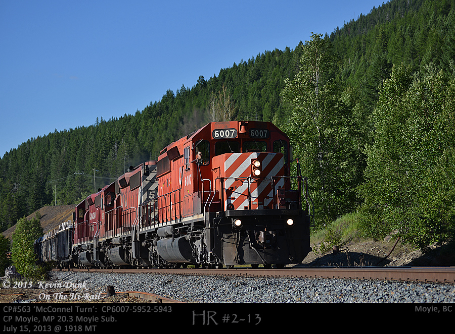 CP train 563 the McConnel Turn with CP6007-5952-5943, a trio of SD40-2's in varying CP paint schemes, are seen in glorious evening light along the banks of the Moyie Lake as they begin their journey to the Teck Trail Smelter.  Usually an evening departure means that only summer light can get this operation in daylight...I think its worth the winter wait to witness this scene, I hope you agree.
