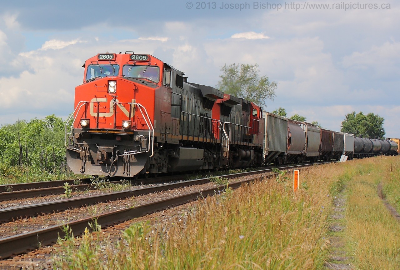 CN 435 cruises by Powerline Road with CN 2605 and CN 2198 in charge of a long train.