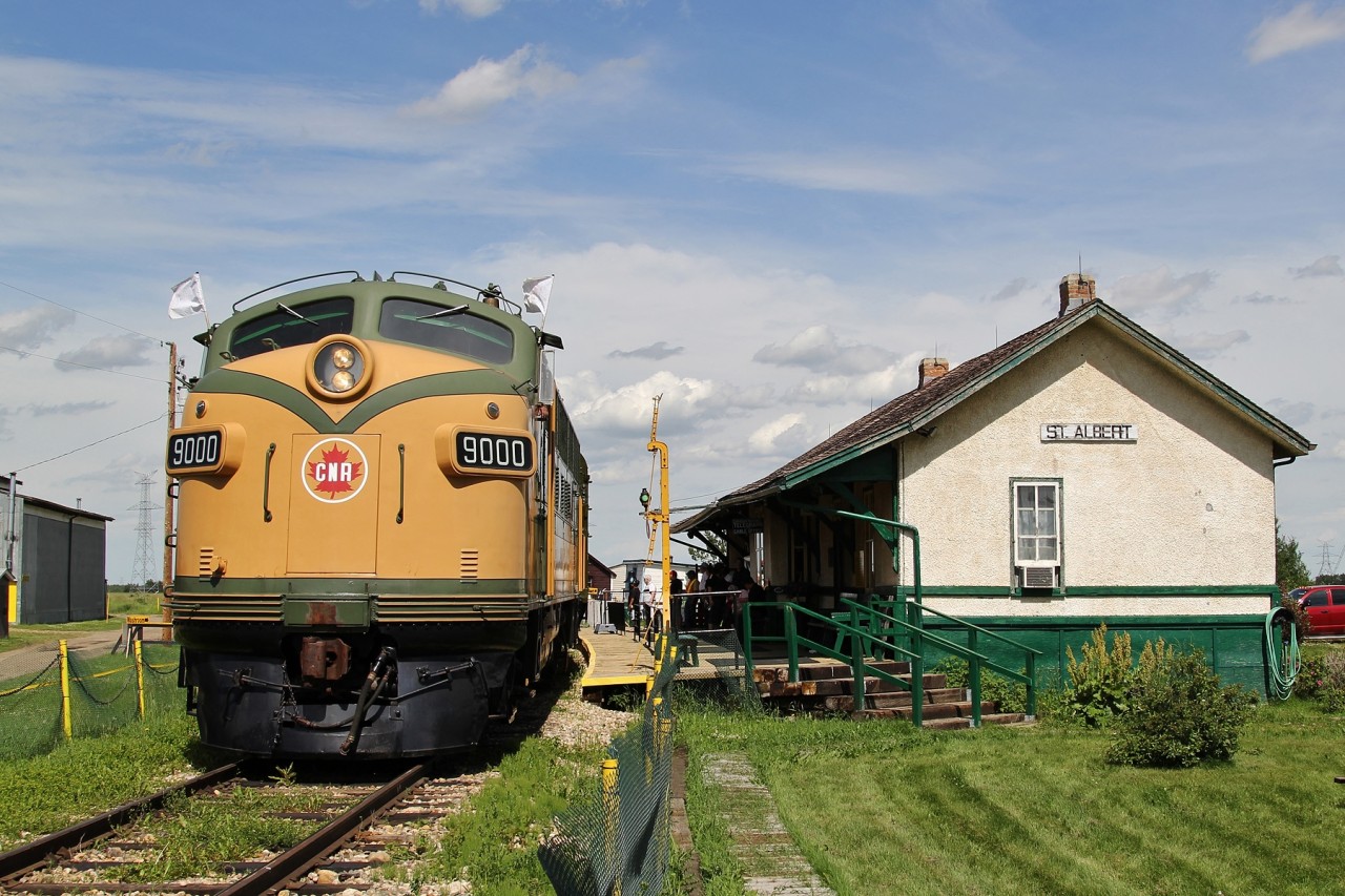 Ex-CN F3A 9000 brings the Canada Day long weekend passenger train into the former St. Albert station at the Alberta Railway Museum. The station was built in 1909 by the Canadian Northern Railway and relocated to the museum in 1973.