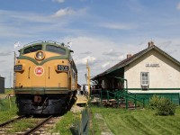 Ex-CN F3A 9000 brings the Canada Day long weekend passenger train into the former St. Albert station at the Alberta Railway Museum. The station was built in 1909 by the Canadian Northern Railway and relocated to the museum in 1973.