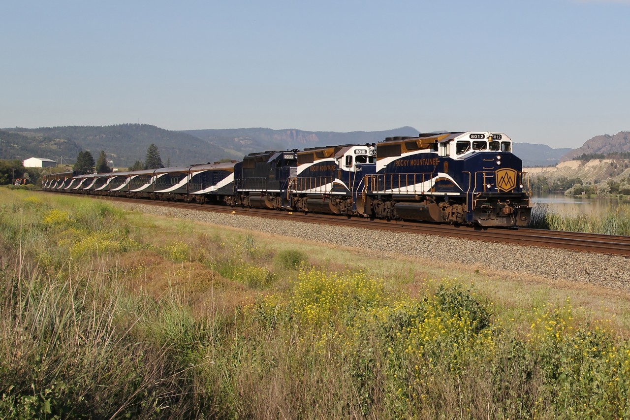 GP40-2L(W) 8012, GP40-2 8016 and leased NREX GP50 2903 lead the Calgary section of the Rocky Mountaineer eastbound on the Shuswap Sub.