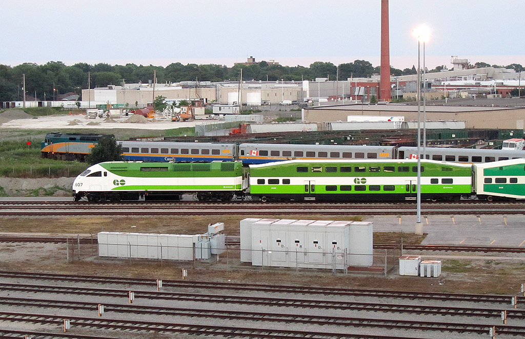 In the evening on my bicycle, I came across this in Willowbrook Yard/TMC. I think this is going to be the new paint scheme for GO Transit.