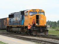 Ontario Northland Railway SD75i 2102 arrives in Cochrane off train no. 213 from Englehart. After turning the power on the wye and lifting southbound traffic this unit will almost immediately depart again on train 414 back to Englehart.