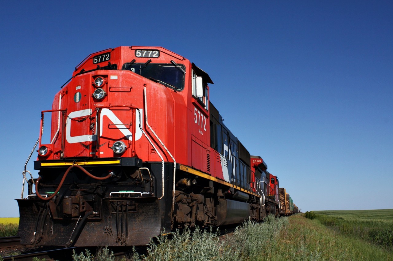 CN 347 sits crewless at Kitella waiting for a new crew to take it to Biggar as it sits outside of Watrous Sk. CN has been doing major work on the Wainwright between Biggar and Edmonton causing trains like 347 to be staged as well 403 and 117 which are in the yard at Watrous Sk.