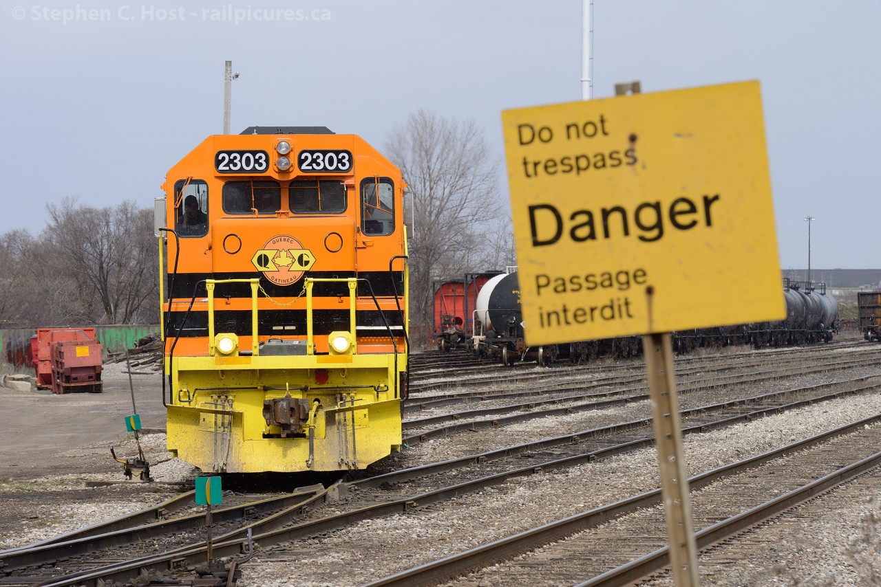The new kid on the block, QGRY 2303 (Soon to be GEXR 2303 once the new logos arrive) is backing into the Kitchener Yard to park and send the crew home. If you follow the ladder track on the left, it leads to the wye - formerly the Bridgeport spur which once ran a few KM north.