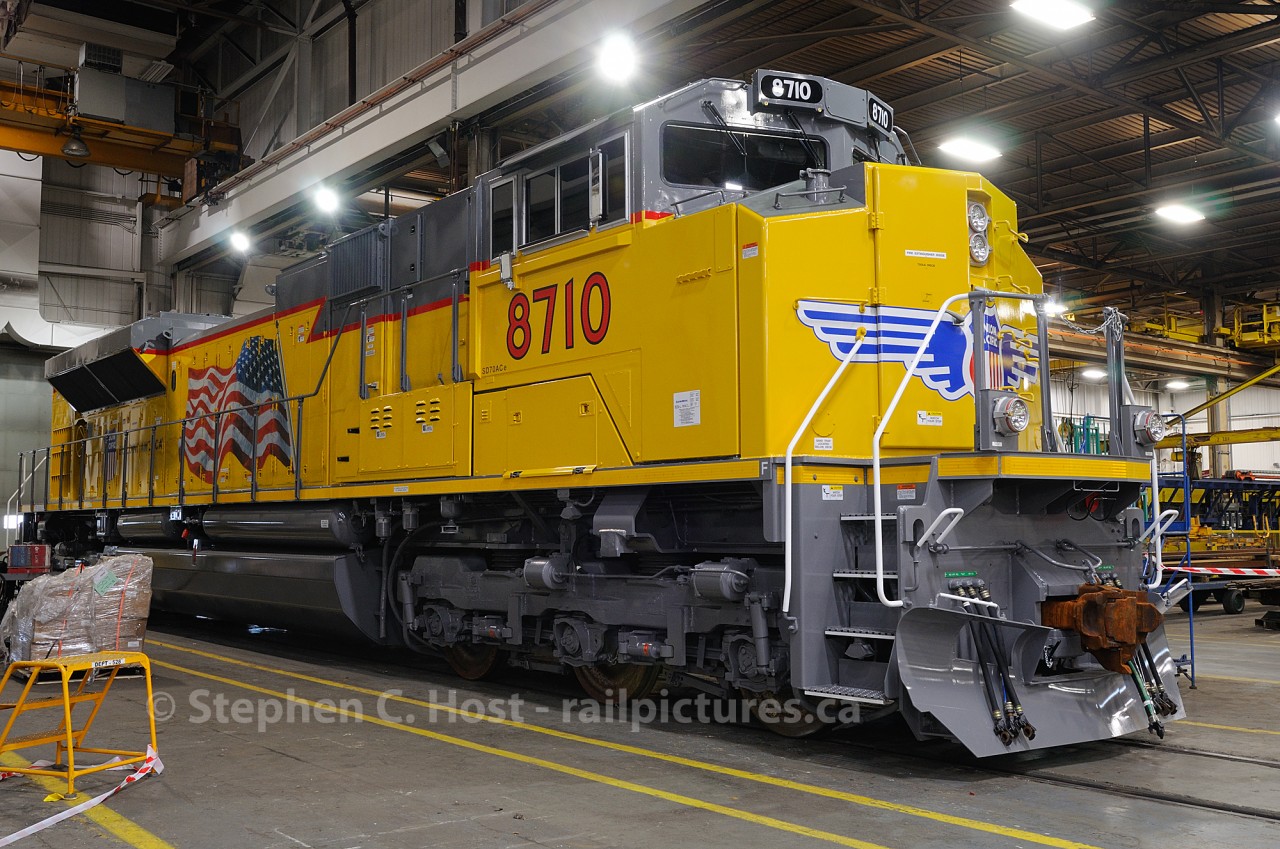 Union Pacific 8710, part of an order for 40 units sits at the Electro-Motive Diesel, London assembly plant. Photo taken with permission.
For another view of the plant, see this image of the Paint Shop here