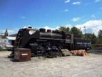 T&NO #503 now sits on a track panel surrounded by dumpsters, track ties, bridge timber, and yet to be installed park benches. Since I last photographed this locomotive in April of 2002 it has been cleaned and repainted to help protect it from the elements. It still sits in an unprotected area at the end of the North Bay, ON station parking lots where vandals have easy access to it with their spray cans. Remnants of ONR's European 'Tee-Train' sit on the ground in a fenced-in compound just a few yards away.