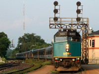 A Joint VIA 75/83 is seen arriving at Brantford at 19:37 with VIA 6433, 4 stainless coaches, VIA 914, 1 baggage car, 6 more stainless coaches and Lounge Car #1750