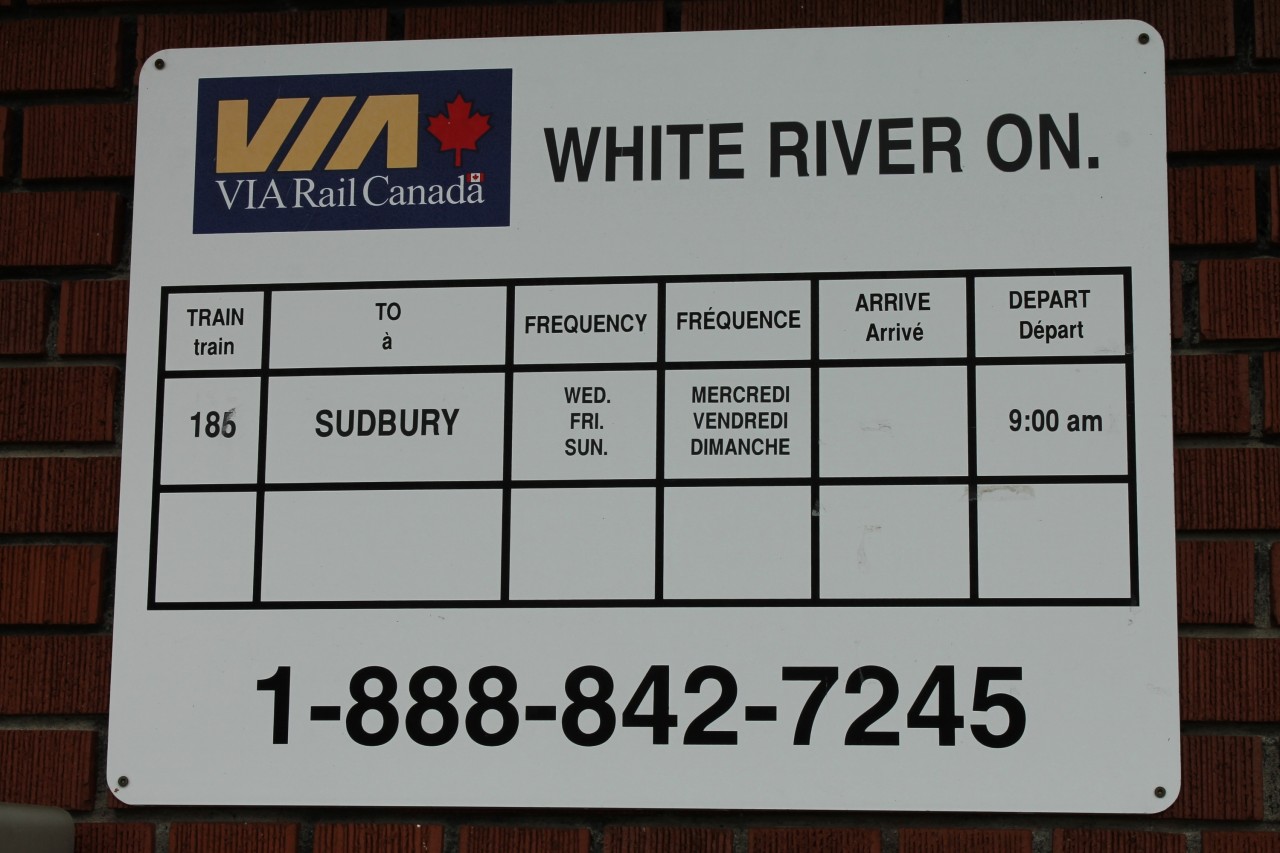 The VIA Rail sign on the side of the former CP station at White River.  Oops!! Notice the correction to the train number! The service is thrice weekly from Sudbury to White River – leaving Sudbury as train #185 on Tuesday, Thursday and Saturday; laying overnight in White River; and returning to Sudbury as train #186 on Wednesday, Friday and Sundays. There is no Monday service.