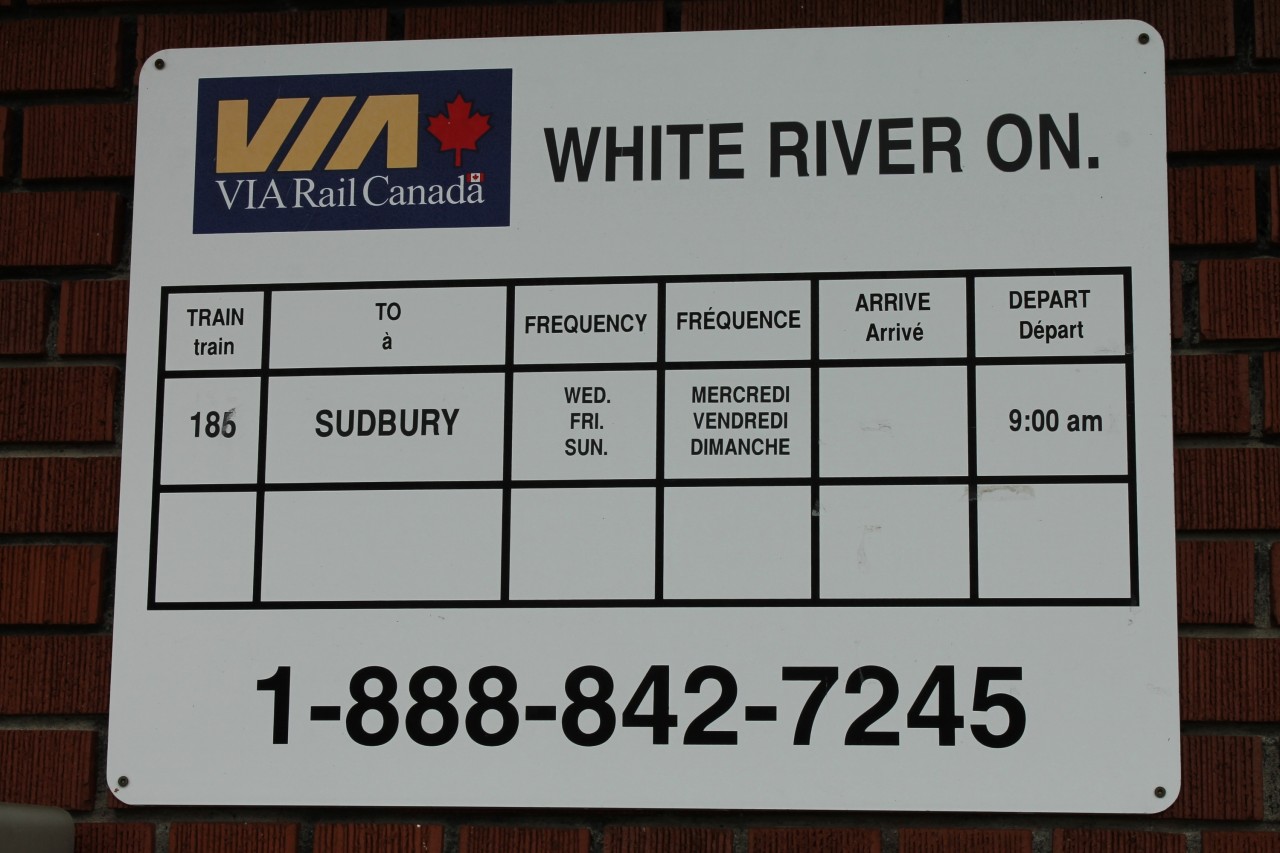 The VIA Rail sign on the side of the former CP station at White River.  Oops!! Notice the correction to the train number! The service is thrice weekly from Sudbury to White River – leaving Sudbury as train #185 on Tuesday, Thursday and Saturday; laying overnight in White River; and returning to Sudbury as train #186 on Wednesday, Friday and Sundays. There is no Monday service.