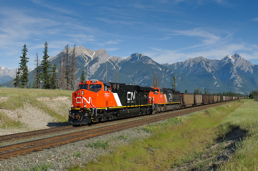 All dressed up for Canada Day, sparkling clean ES44AC 2833 speeds towards Jasper with 116 car loads of coal for Prince Rupert. Although still quite new, 2833 was recently spiffed up to lead a Chairman's train between Vancouver and Squamish.