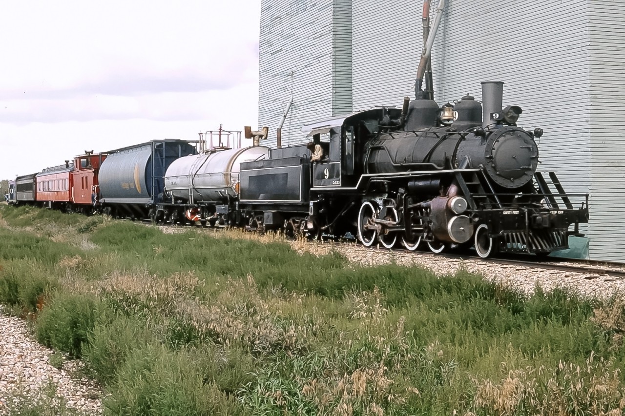 1920 built Baldwin 2-8-0 is seen at Donalda as #9. This is the same loco that now operates the Alberta Prairies Steam Excursion out of Stettler as #41.  Tom Payne's  Central Western Railway was just 3 years old at the time of this shot.  Sadly the Donalda tracks are no longer in place but Mr. Payne's railway went on to become RaiLink and paved the way for short line operations in Canada as we know them today.
