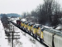 Once this was common, usually in smaller batches. CP 9546 West, at East Siding Switch Lobo, makes a run to Detroit, with 5 Union Pacific SD70M's. These for the longest time were just about as common as the regular power that ran the trains. Mainly because this order itself was so massive. It showed the quality of the work, alas, now, seeing this is only a memory.