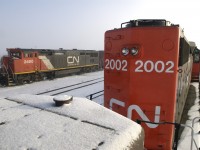Various power sits around Fort St John yard as some "ice fog" gradually lifts. 