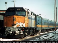 VIA F40PH #6403 has been bucking snow drifts while on it's trip from Toronto to Windsor today.  Miss seeing the steam generators and old blue equipment.  Of course 6403 has now been renumbered to #6459 in 2013.
