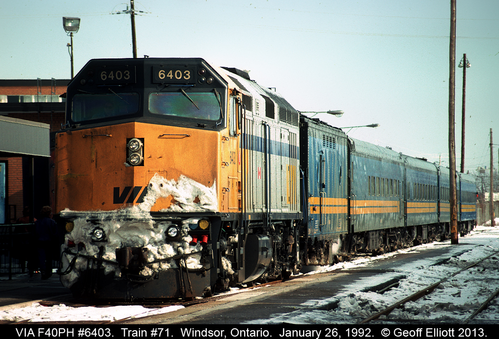 VIA F40PH #6403 has been bucking snow drifts while on it's trip from Toronto to Windsor today.  Miss seeing the steam generators and old blue equipment.  Of course 6403 has now been renumbered to #6459 in 2013.
