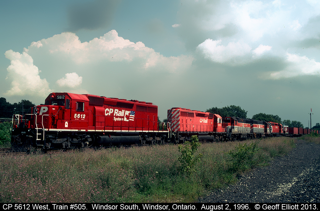 CP 5612 has train #505 in hand.  Tagging along for the ride are 2 Bangor and Aroostook GP38's, heading for rebuild I believe, and another brand new Dr Pepper trailer.....  :-)