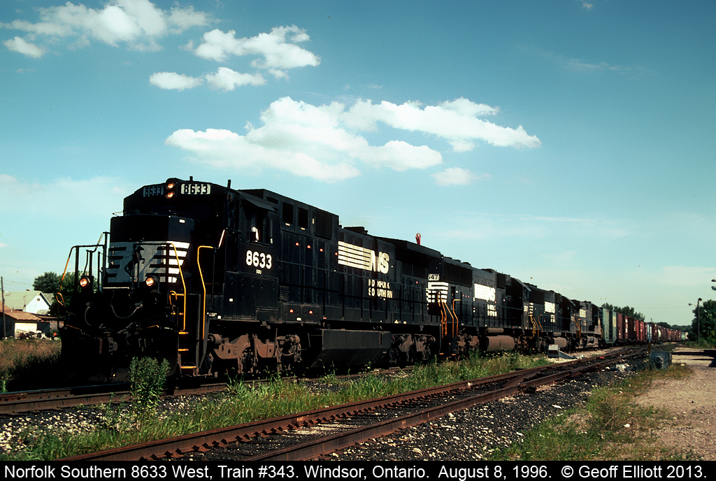 NS 8633 has train 343 well under control with it's 4 units as it rolls slowly by the Windsor South depot on the way to the U.S. via the Windsor/Detroit Rail tunnel.