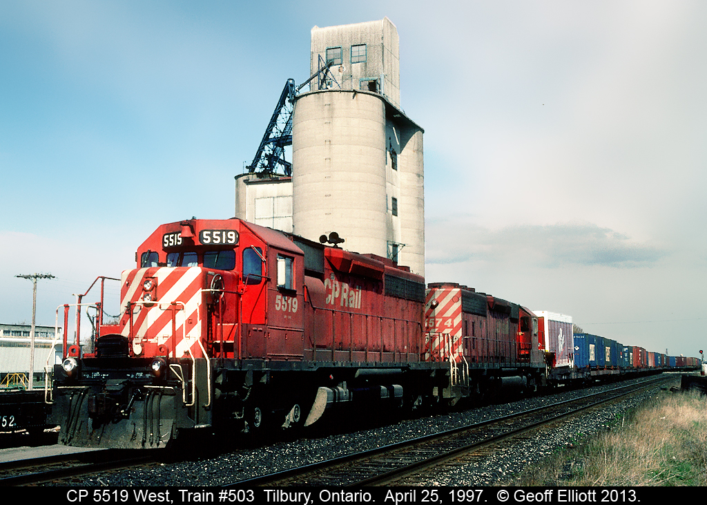 CP SD40 #5519 leads westbound train #503 into the siding in Tilbury to wait for an eastbound to pass.  I love the brand new Dr. Pepper trailer first up on the train.  Saw several of these heading west back in 1997.