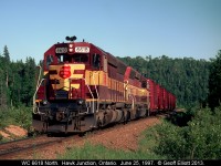 A pair of Wisconsin Central SD45's lead the local back north to Hawk Junction after having switched the Paper Mill about 5 miles south of Hawk.  The mill is now shut down, and from what I've heard there isn't too much business in or around the Hawk Junction area for the railroad (thanks to CN's business plan!!).  