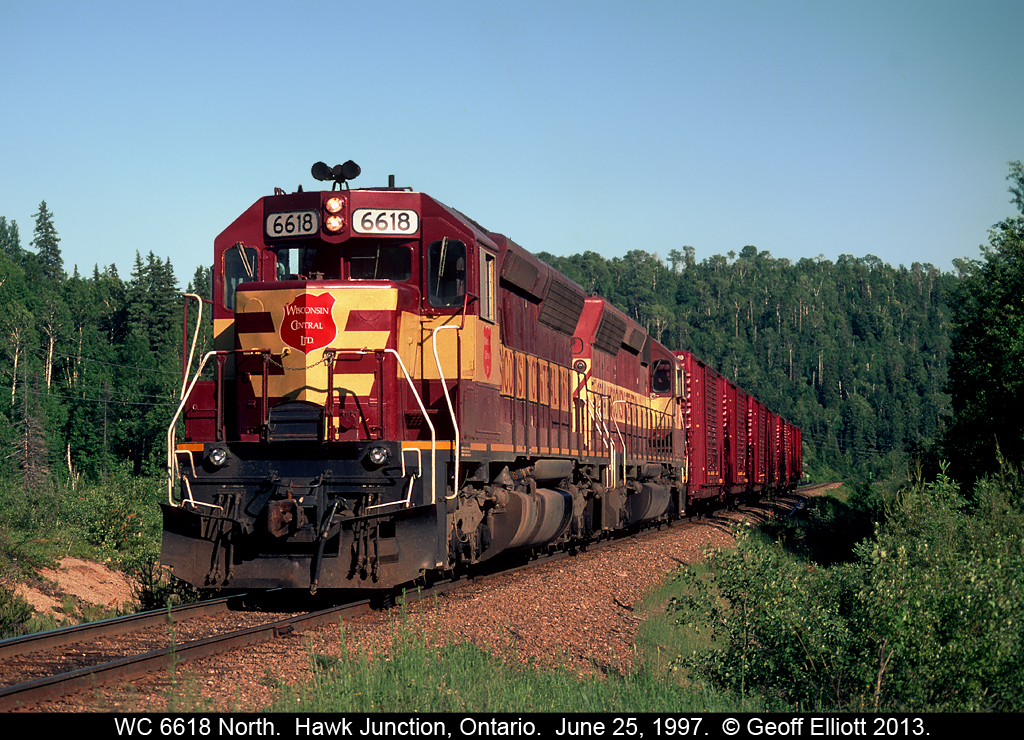 A pair of Wisconsin Central SD45's lead the local back north to Hawk Junction after having switched the Paper Mill about 5 miles south of Hawk.  The mill is now shut down, and from what I've heard there isn't too much business in or around the Hawk Junction area for the railroad (thanks to CN's business plan!!).