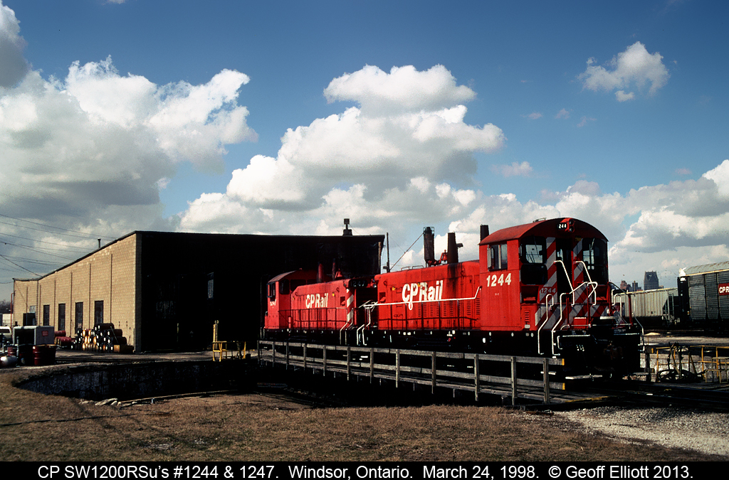 CP SW1200RSu's #1244 and 1247 go for a spin on the turntable in Windsor back in March of 1998.  Now most, if not all the SW's are gone, and sadly, the roundhouse in the picture was taken down by the "CP Corporate Machine" in the past few years.  Not really much left worth shooting anymore...  :-(