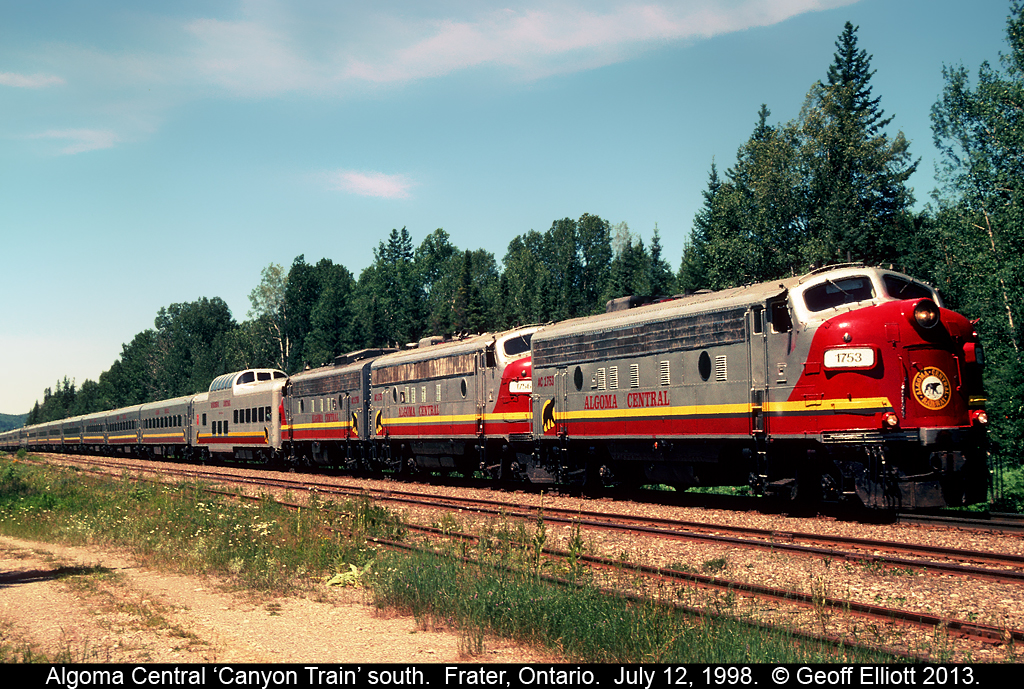 Algoma Central FP9 #1753 leads the southbound Canyon Train on it's return trip to Sault Ste. Marie.  Our NARCOA motorcar trip is holding in the siding as we wait here for the Canyon Train to pass.  Once clear, we'll continue our journey north to Hawk Junction where we'll park our motorcars and spend the night in Wawa.