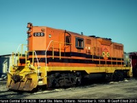 Huron Central GP9 #209 sits outside the Wisconsin Central (ex-Algoma Central) shops in Sault Ste. Marie, Ontario after having some wheel work completed.  Tomorrow 209 will be back in service in the Huron Central yard switching out cars for their trip to Sudbury.