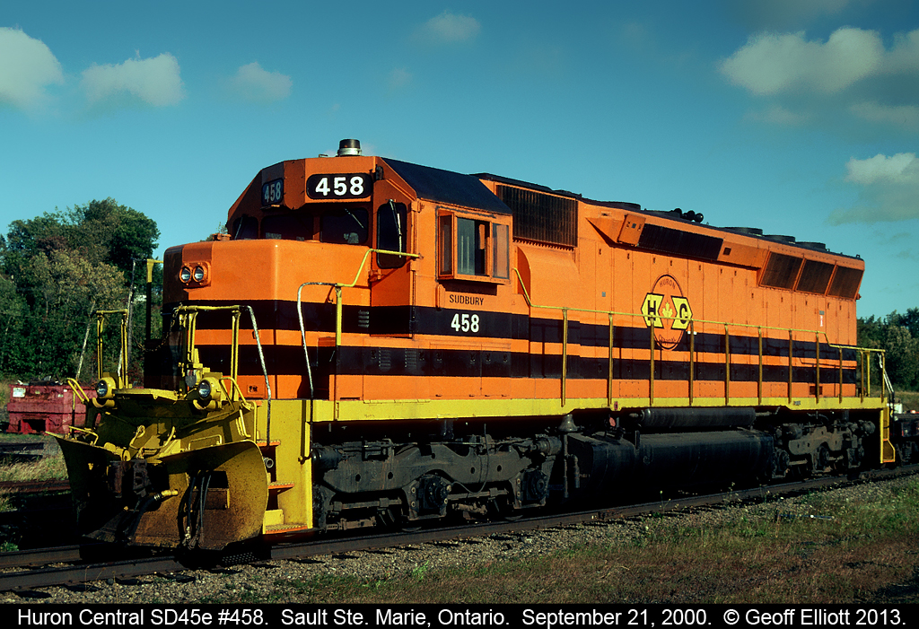 SD45's a plenty!!  Seemed like whenever I went to the Sault for work there was an abundance of SD45's to shoot, even though not a single Canadian Railroad ever purchased one (not counting the CP MK rebuilds as 45's).  Here Huron Central SD45e number 458 sits alone in the HC yard in Sault Ste. Marie, having been left behind this day as the train only required 2 units to make it's trip to Sudbury.