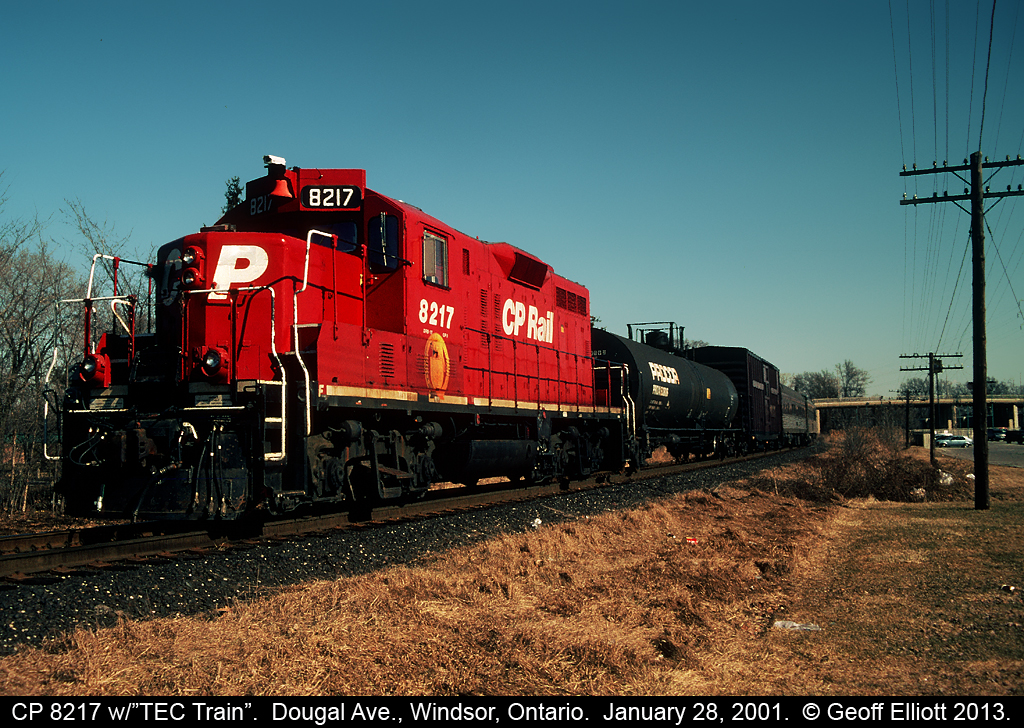 The CP 'TEC' train backs out of Windsor Yard toward 'CP Lakeshore' so that it can head West to do inspection through the Detroit/Windsor Tunnel and beyond.