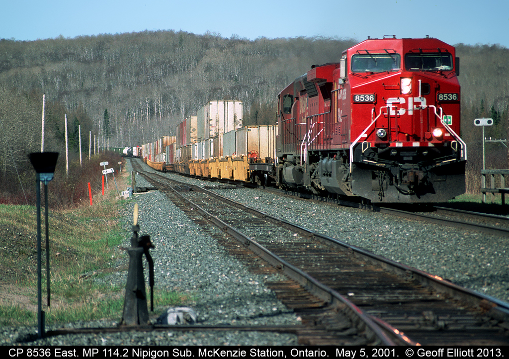 CP 8536 hustles eastbound through McKenzie Station, at milepost 114.2 of the Nipigon subdivision, on it's way to Toronto via the north shore of Lake Superior.  Had a great day this trip following this train, and several others, along the north shore from Thunder Bay to White River.