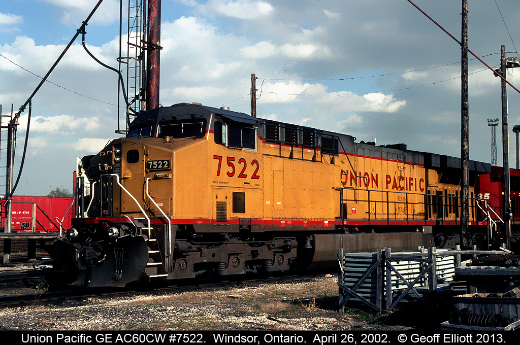 Adding some yellow to a normally all red engine facility Union Pacific AC60CW #7522. This unit was apparently testing on the CP for some months, but this was the only instance I know/heard of it being in Southwestern Ontario.
