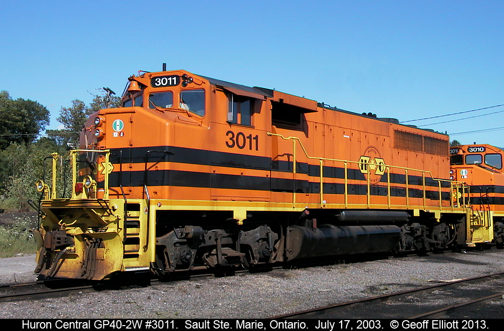 I have to admit, I never liked the CN GP40-2W's in CN paint, but they do look pretty decent in Genesee Transportation colors.  Here Huron Central #3011 sits in the yard in Sault Ste. Marie waiting to head east to Sudbury the next morning.