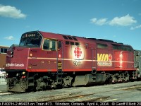 In what I think is by far the nicest wrap that VIA put on a unit (maybe tied with the Budweiser Super Bowl XL one) is the CBC Canada version.  Here F40PH-2 #6403 sits in perfect light at Walkerville station as it has just arrived on train #73 from Toronto.  
