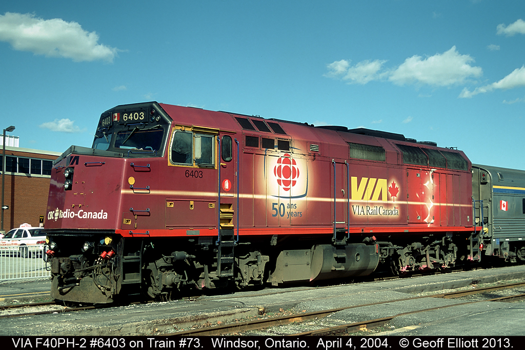 In what I think is by far the nicest wrap that VIA put on a unit (maybe tied with the Budweiser Super Bowl XL one) is the CBC Canada version.  Here F40PH-2 #6403 sits in perfect light at Walkerville station as it has just arrived on train #73 from Toronto.