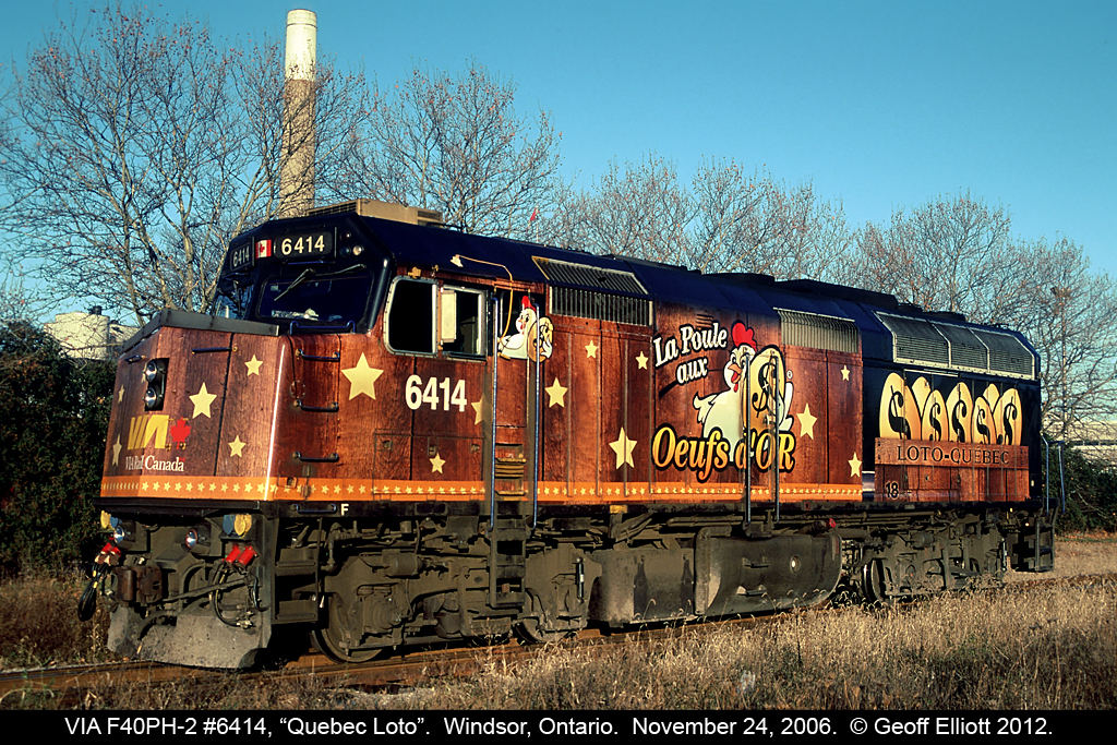 From the nicest, being CBC #6403, to what has to be the UGLIEST wrap VIA ever did.  Here the Quebec Loto Golden Egg (or Golden 'turd' as I called it) has cut away from train #73 and will be wyed before being put back on to the train to head to Toronto as Train #78.