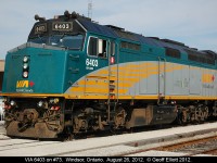 In keeping with the VIA #6403 theme, here is what I believe is the last shot I took of the unit prior to the recent renumbering to #6459.  Already having been rebuilt 6403 has led train #73 to Windsor and is waiting on passengers to disembark.  Can't say as I'm a fan of this new scheme on the F40's as it seems to just blend in with the green overgrowth along the ROW, but hey!!  The put a third headlight on these units so that you can see them coming better (as I scratch my head repeatedly!!).