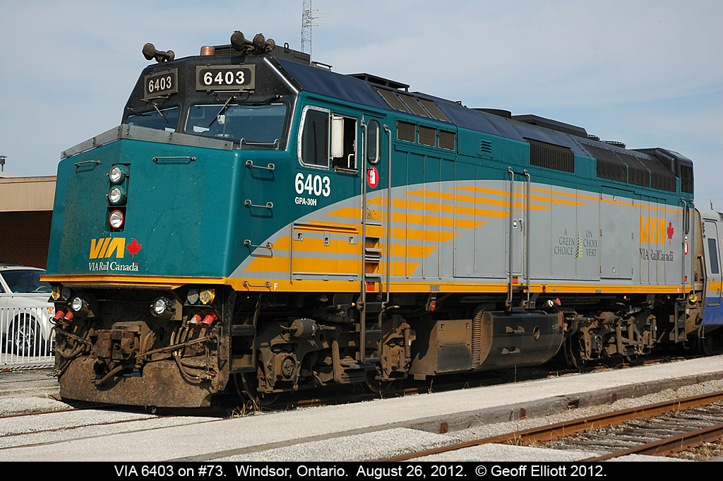 In keeping with the VIA #6403 theme, here is what I believe is the last shot I took of the unit prior to the recent renumbering to #6459.  Already having been rebuilt 6403 has led train #73 to Windsor and is waiting on passengers to disembark.  Can't say as I'm a fan of this new scheme on the F40's as it seems to just blend in with the green overgrowth along the ROW, but hey!!  The put a third headlight on these units so that you can see them coming better (as I scratch my head repeatedly!!).