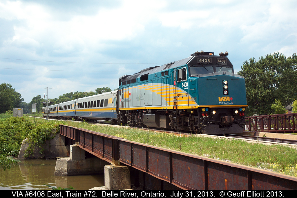 VIA F40PH-3 #6408 leads train #72 over Belle River during the initial stages of it's run to Toronto on July 31, 2013.