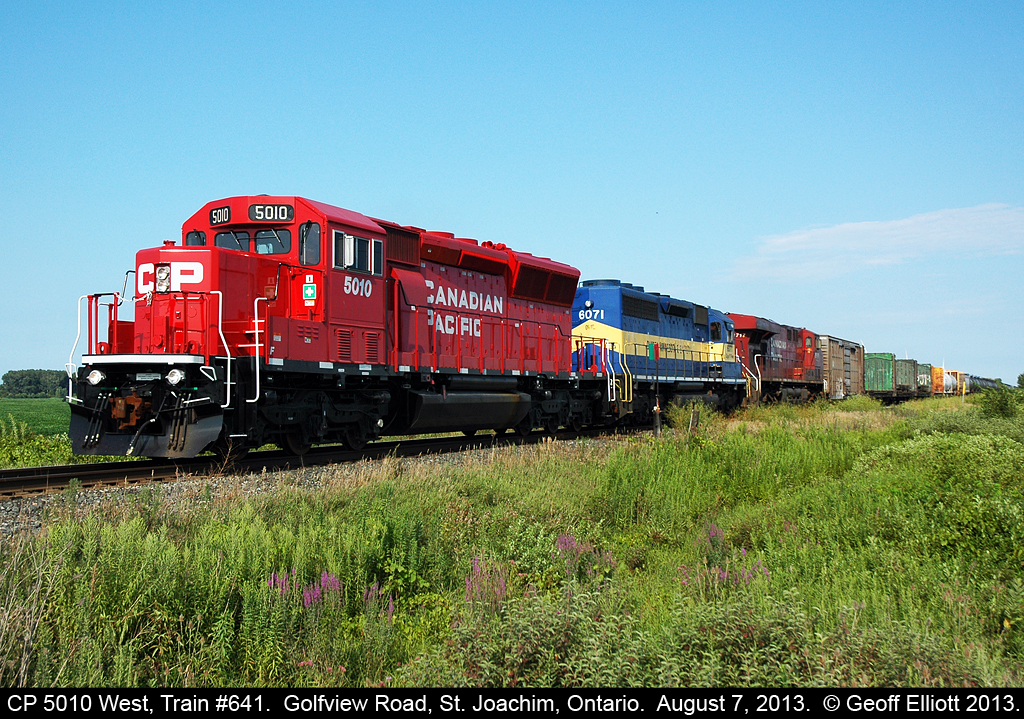 CP train #641, with new age SD30C-ECO #5010 on the point, approaches Belle River, Ontario as it cruises westbound with it's train of primarily empty Ethanol tanks.