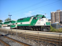 GO F59PH #558 is pushing an eastbound GO train out of Long Branch station on the evening of August 18th 2013.  #558 is operating at the end of the GO train and is being used instead of a cab car.  #558 is one of eight remaining F59PH locomotives on GO Transit's roster.