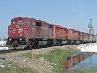 I guess switching is  done, all hooked up and ready to roll  CP 9002, 5930 and 5910 depart Niobe elevator siding near Inissfail