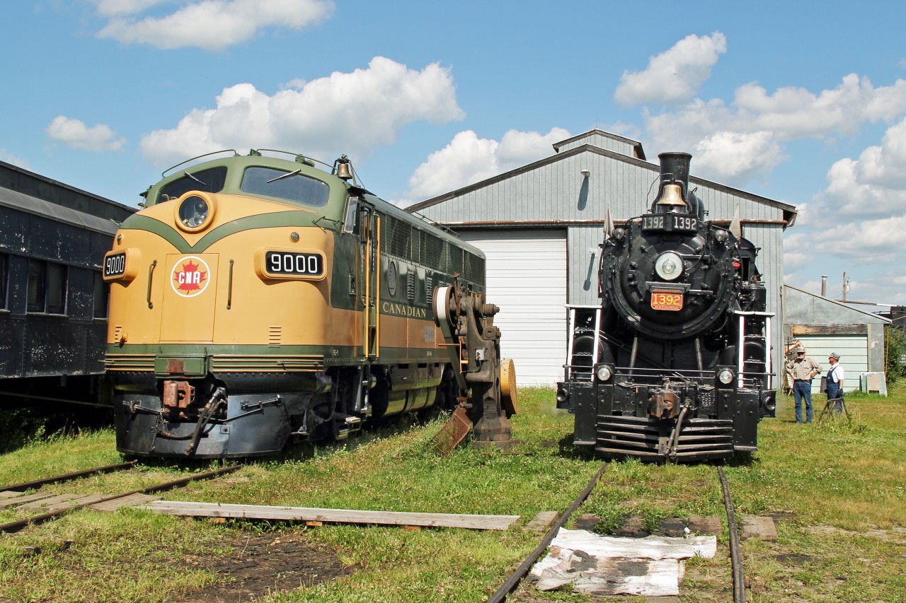 The two grand old ladies, workhorses of the Alberta Railway Museum.  F3A CN 9000,actually a youngster built in 1971 and MLW 4-6-0 CN 1392, celebrating her 100th birthday, resting after a hard days work.