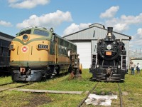 The two grand old ladies, workhorses of the Alberta Railway Museum. F3A CN 9000, actually a youngster built in 1948 and donated to the museum in 1971,  and MLW 4-6-0 CN 1392, celebrating her 100th birthday, resting after a hard day's work