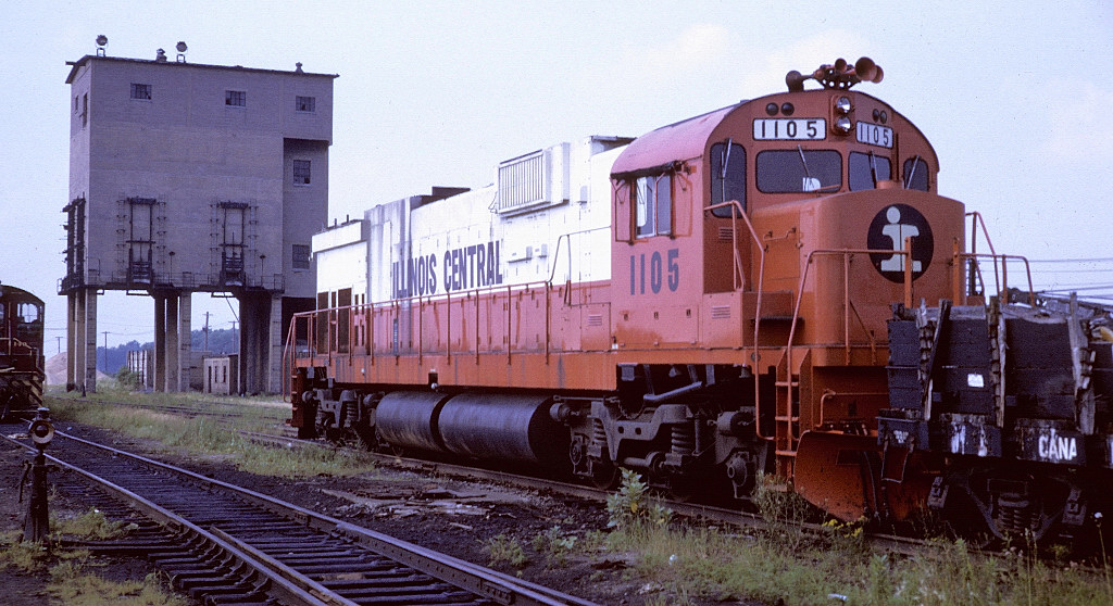 Leased Illinois Central C-636 1105 sits in St Luc Yard near the old coal tower.