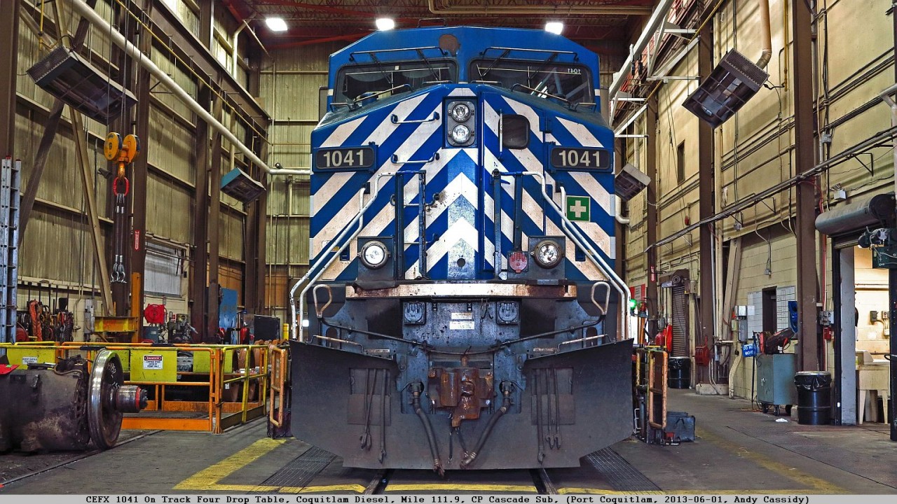 CEFX 1041 sitting over the Track Four droptable in the CP Coquitlam Diesel Shop.