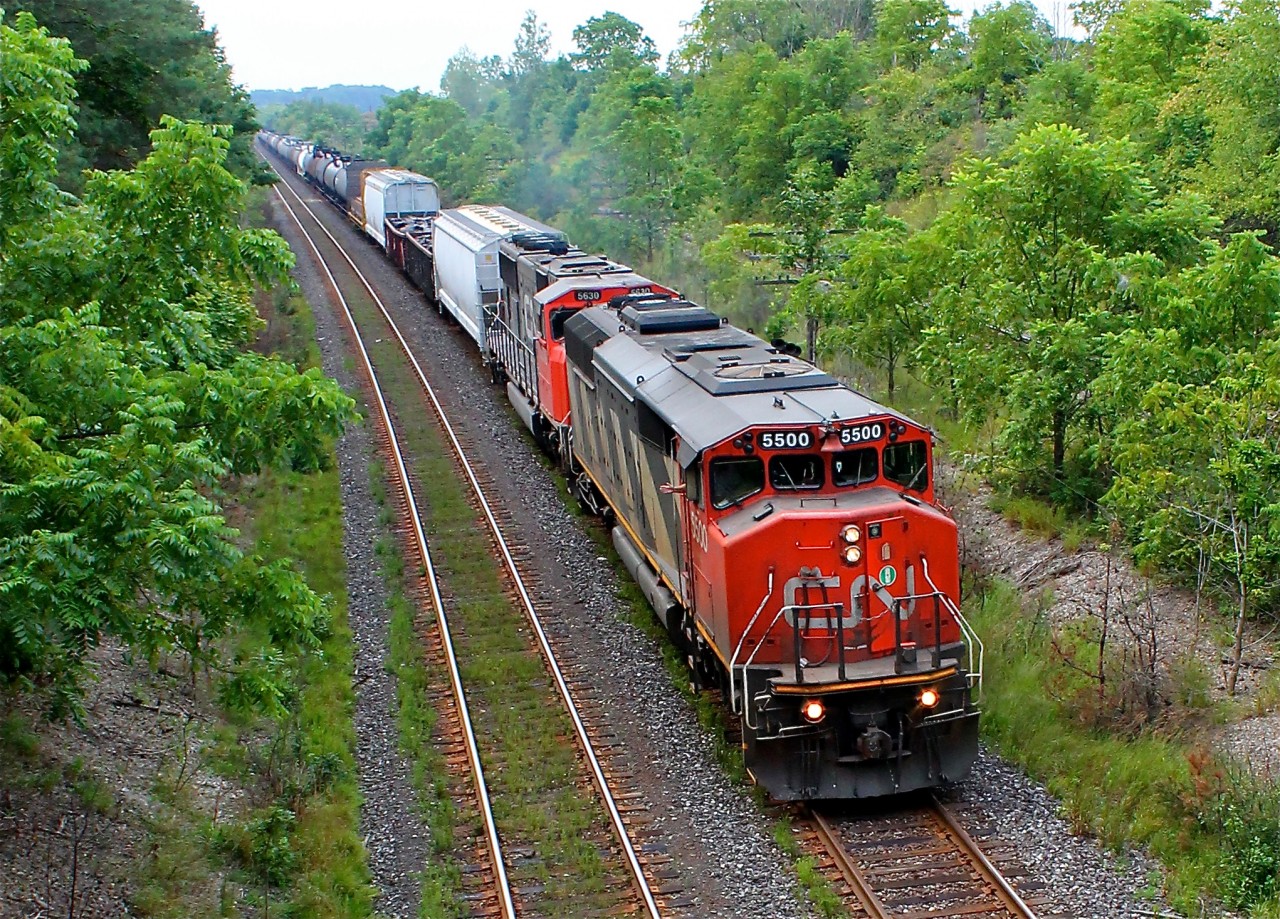 Our only true catch of the day was a good one in my books, CN SD60F 5500 leading a short manifest under Denfield Bridge. It's getting difficult to shoot there now with all of the overgrowth but it was on the way home and quiet so we scooted up the old dirt road to see if anything was coming, shortly after rain was on the way so we were back on the road.