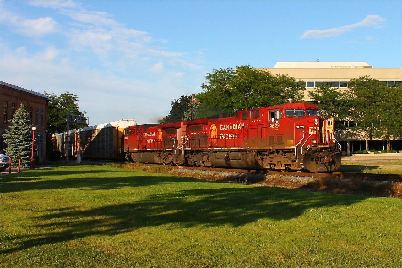 Two CP AC4400CW's whine their way through the heart of Chatham Ontario with a long string of autoracks with clearance to Walkerville.