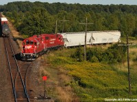 Just west of the west end of Spicer siding, there is a spur that heads south off the Belleville Sub serving a single customer (I believe its Sabic). I was lucky enough to catch the Trenton Turn (locally known as the Turd) setting off two and lifting two after meeting 118 at Spicer. With perfect lighting and clean, matched power, the Turd squeals through the sharp curve onto the spur, while the balance of their train holds the main. In total, 16 cars on the Turd this day, eight revenue and eight non-revenue, including three 521*** series COFC flats. CP 3103, 3111. 1755hrs.